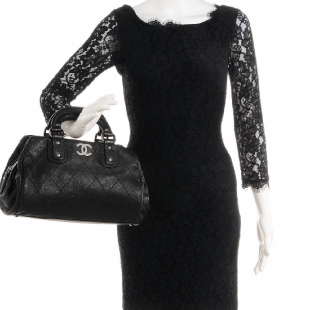 Authentic CHANEL Black Quilted Caviar Leather Bowler Doctor Bag Outdoor Ligne